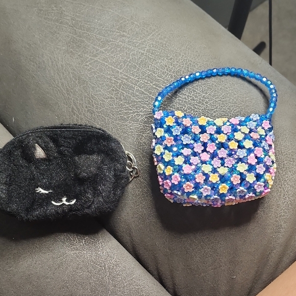 mini Floral Beaded Purse and Black Cat Coin Pouch - Picture 1 of 5